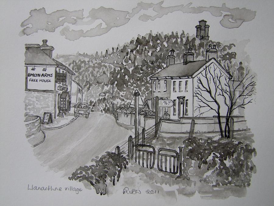 Landscape Painting - Pen and Ink-Llanarthne Village-Emlyn Arms Pub-01 by Pat Bullen-Whatling