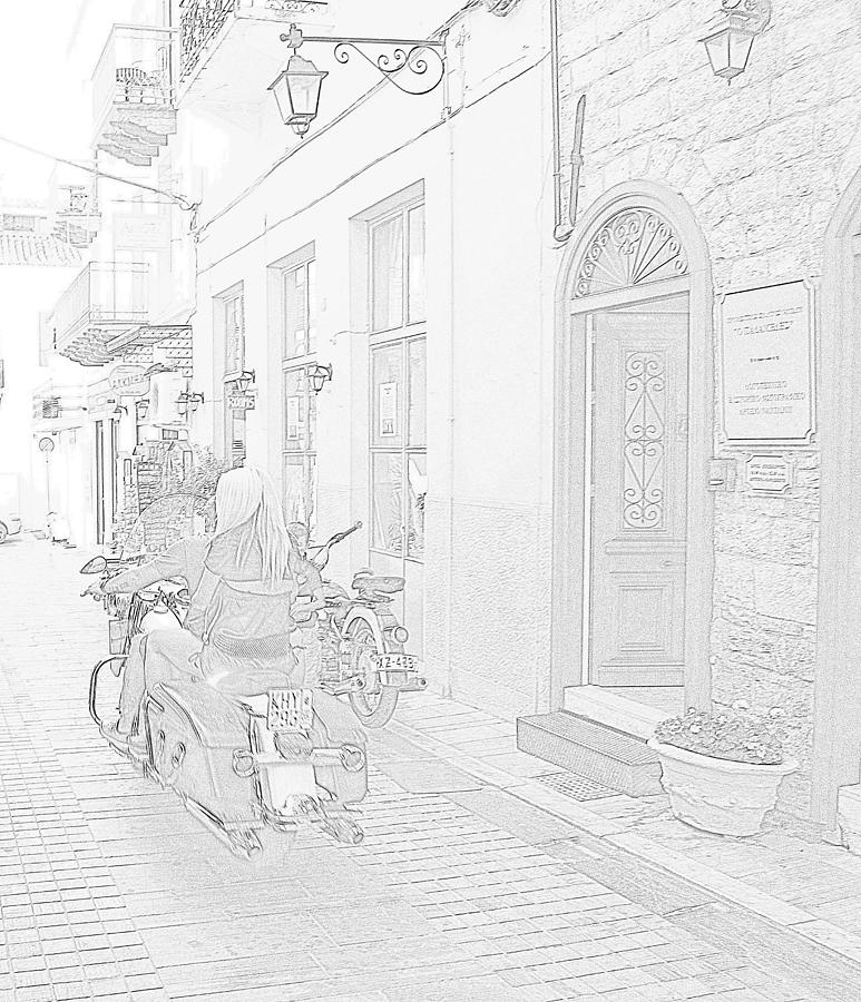 Pencil Sketch Look Girl Riding Motorcycle Bike Rider Speed Stone Paved Street In Nafplion Greec