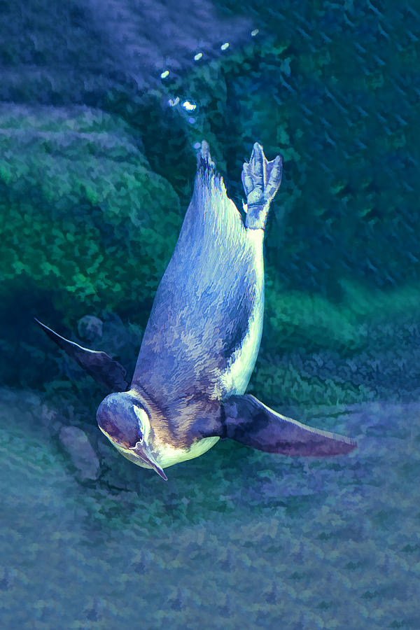 Penguin Painting - Penguin Diving In Aquarium by Tracie Schiebel