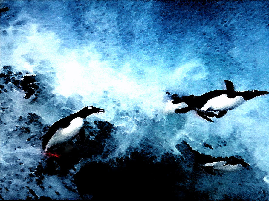 Penquin Joy Play  in Huge Waves Painting by Colette V Hera Guggenheim