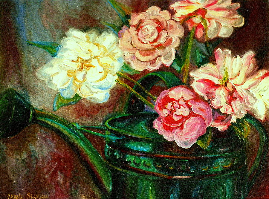 Peonies And Watering Can My Patio Garden Montreal City Summer Scene  Painting by Carole Spandau