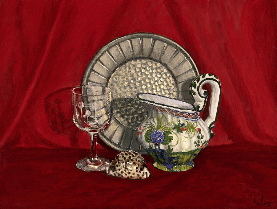 Pewter dish with red cloth. Painting by Raffaella Lunelli