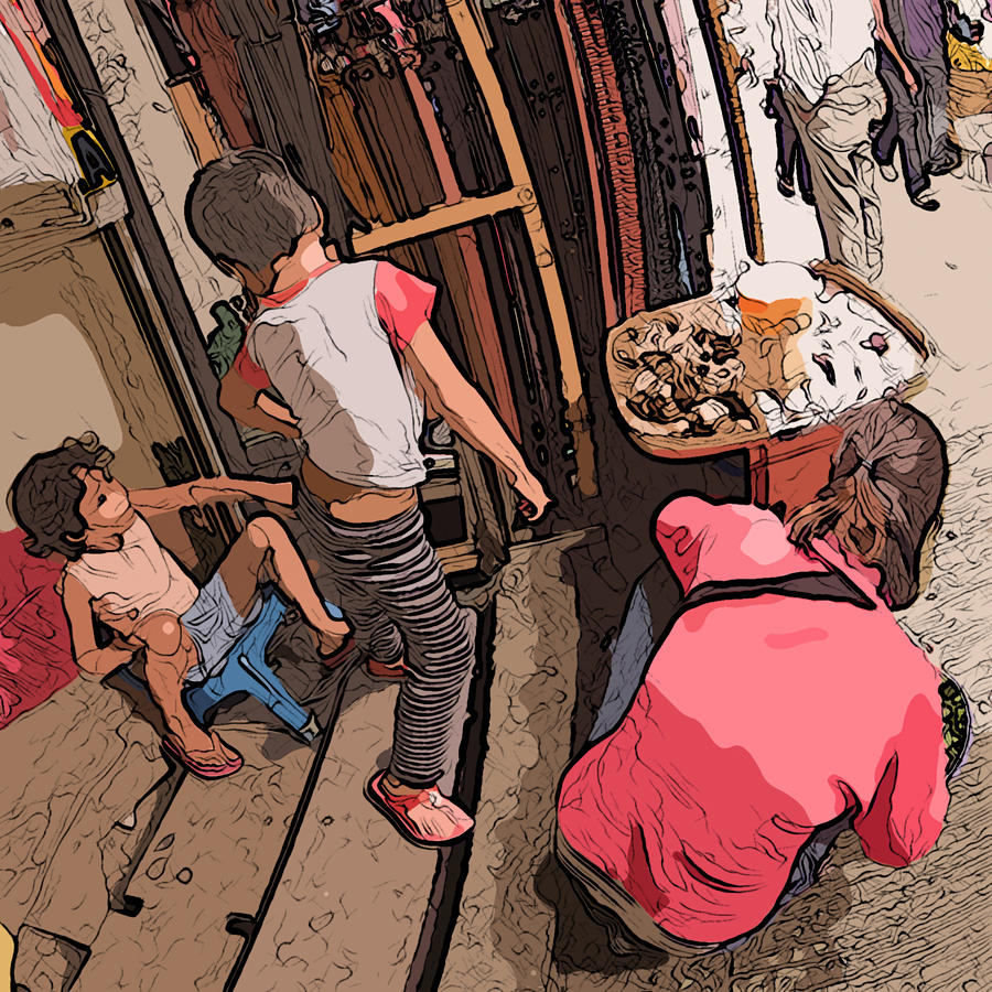 Philippines Painting - Philippines 2974 Mom with two Kids in Market by Rolf Bertram