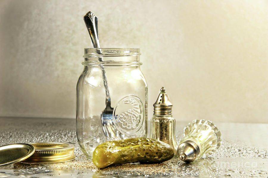 Nature Photograph - Pickle with a jar and antique salt and pepper shakers by Sandra Cunningham