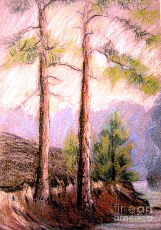 Pines on Shore Pastel by Gretchen Allen