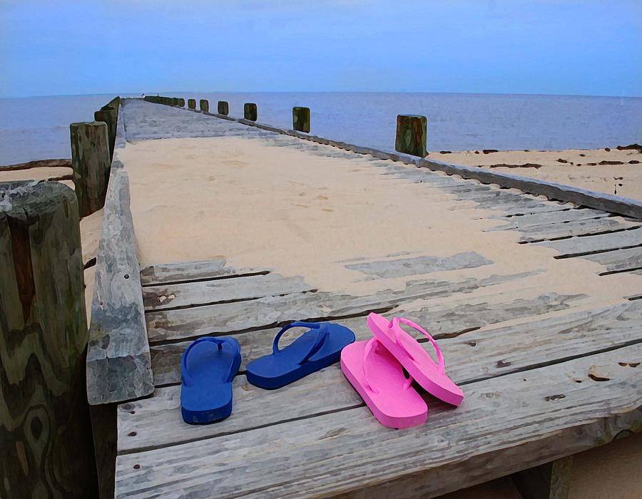Pink and Blue Flip Flops on the dock Digital Art by Michael Thomas