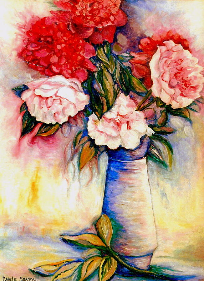 Pink And Red Peony Roses In A Tall Blue Porcelain Vase Painting by Carole Spandau