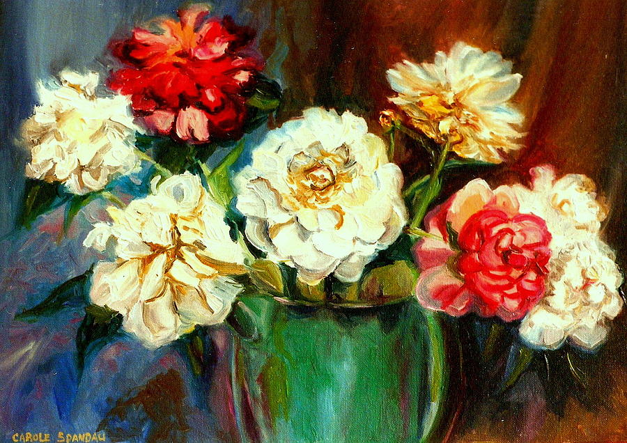 Pink And White Peonies In Green Watering Can Montreal Back Yards Scene Painting by Carole Spandau