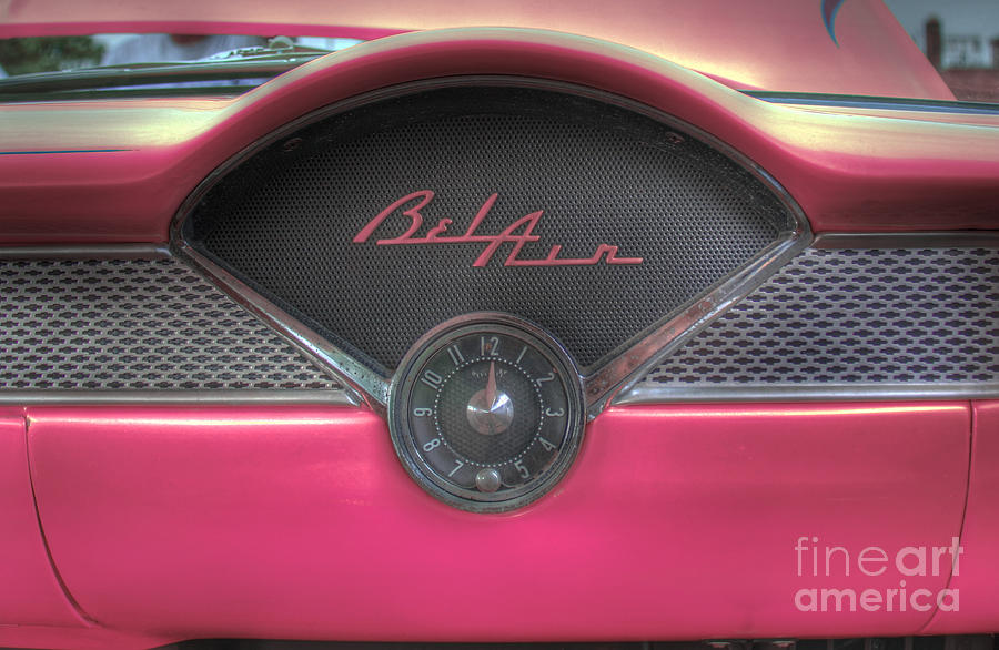 Transportation Photograph - Pink Chevy Bel Air Glove box and Clockface by Lee Dos Santos