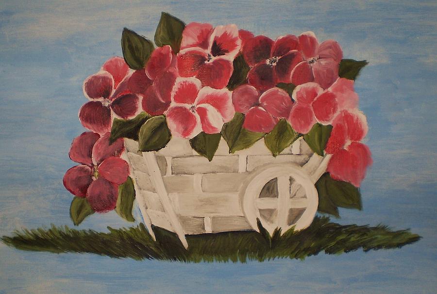 Pink flowers in a Wagon Basket Painting by Christy Saunders Church