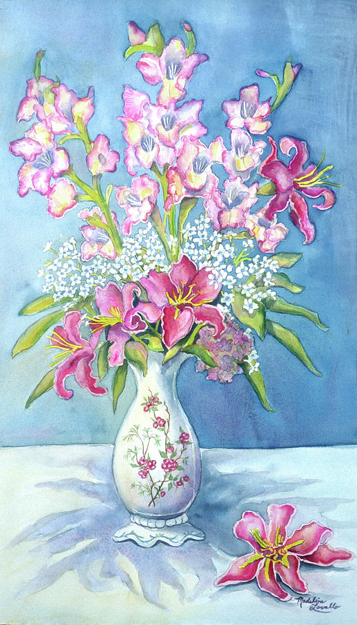 Pink Lillies In A Vase Painting by Madeline  Lovallo