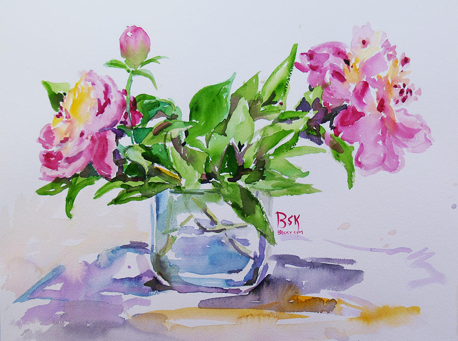 Pink Peony Painting by Becky Kim