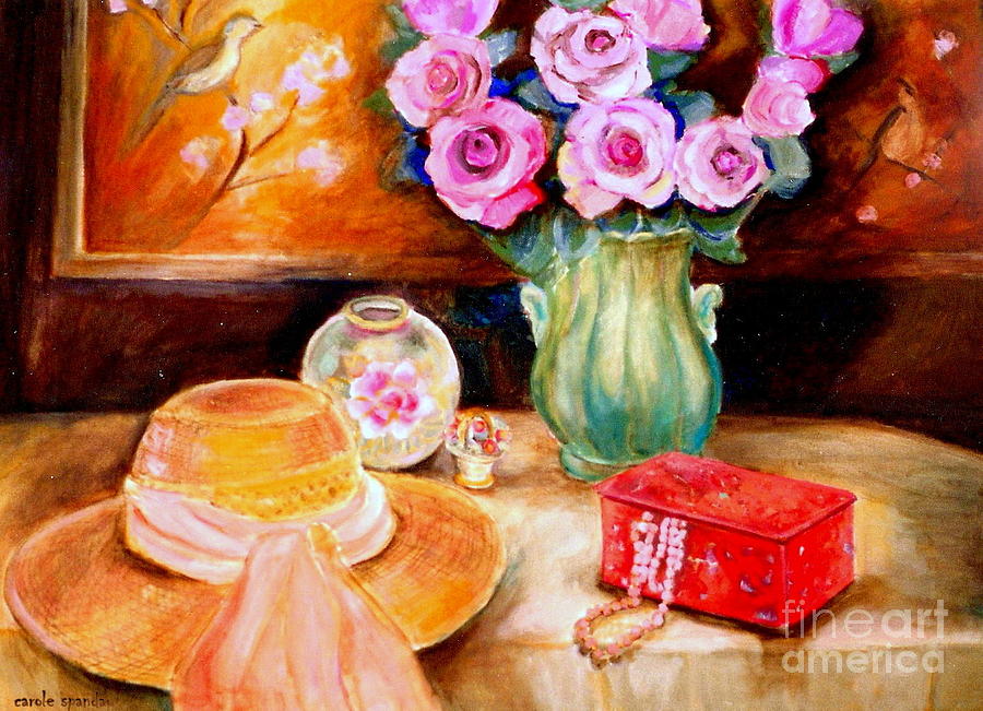 Pink Roses In A Green Vase With A String Of Pearls And A Pretty Summer Straw Hat  Painting by Carole Spandau