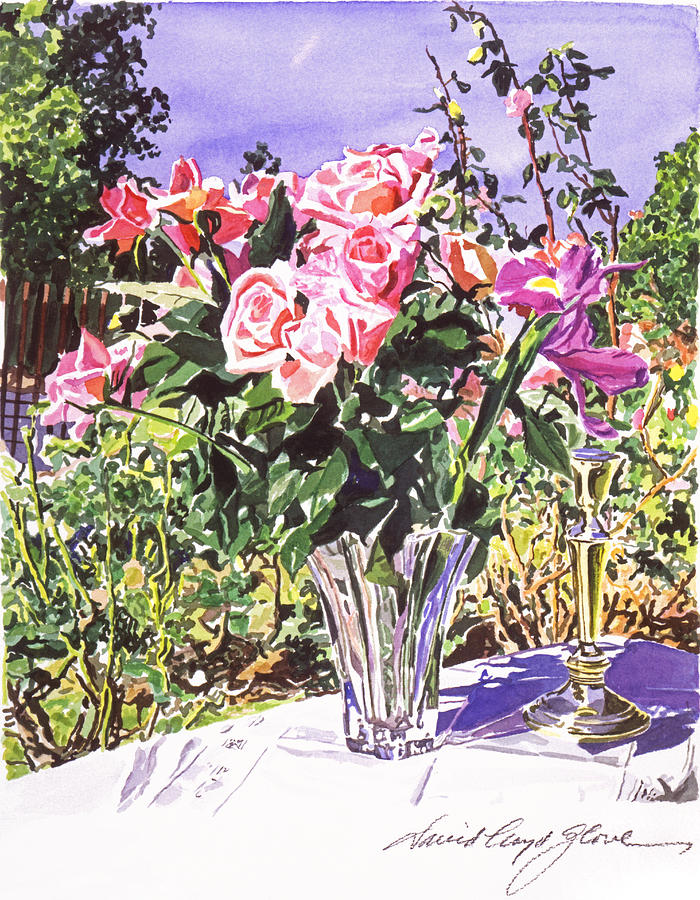 Flower Painting - Pink Roses in Crystal Vase by David Lloyd Glover