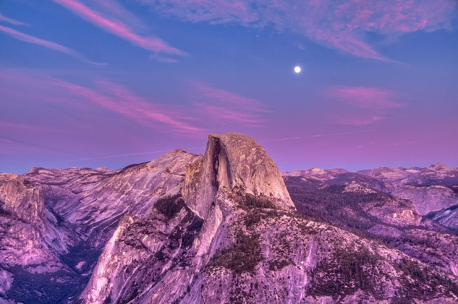 Pink Sunset Full Moon Half Dome Photograph by Connie Cooper-Edwards