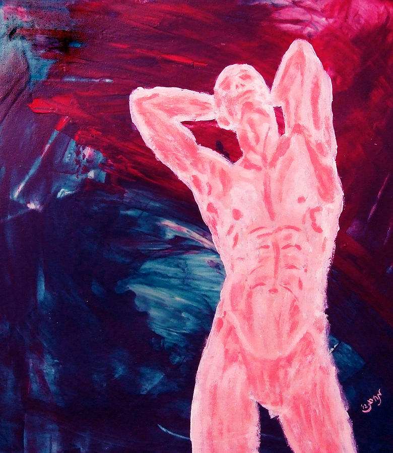 Pink Transgender Male Nude Figure on Blue Green Red Chaotic Background of Transformation and Change Painting by MendyZ M Zimmerman