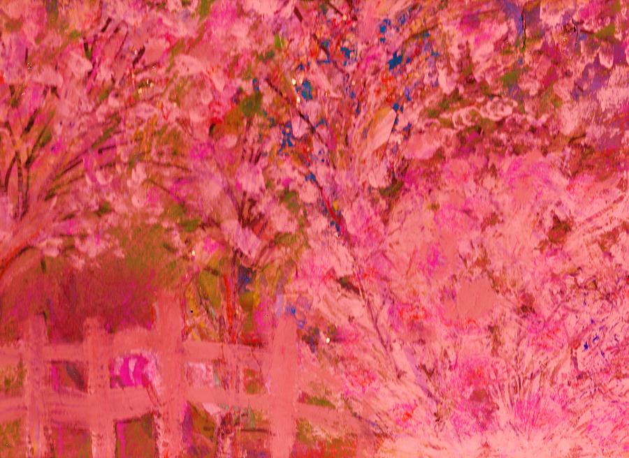 Tree Painting - Pink Tree and Fence by Anne-Elizabeth Whiteway
