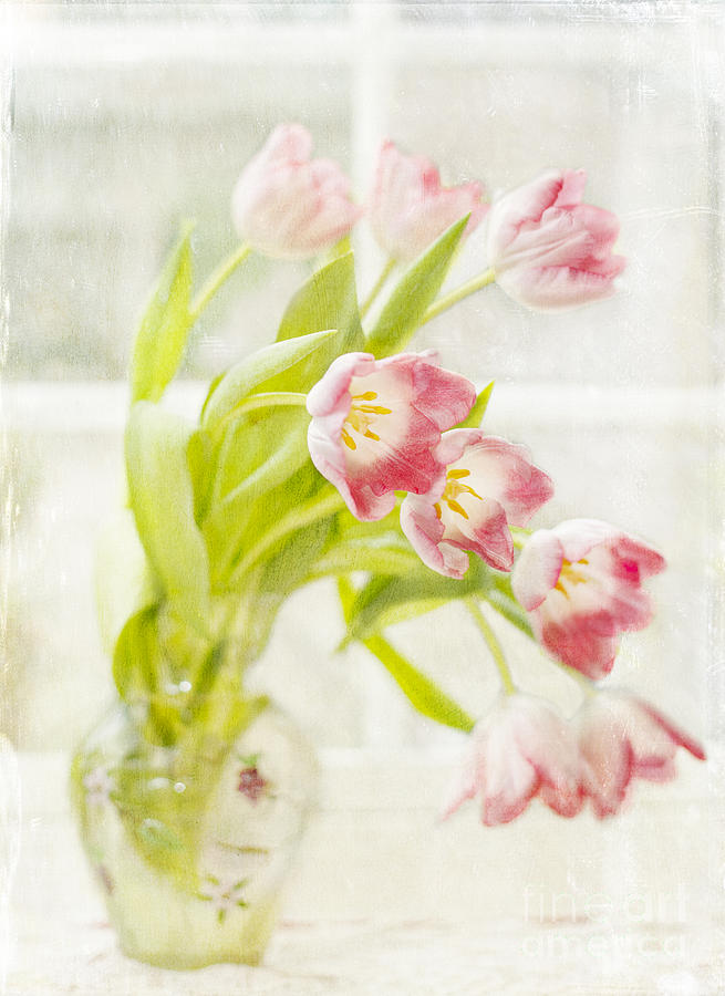 Pink Tulips in Vase Textured Photograph by Susan Gary