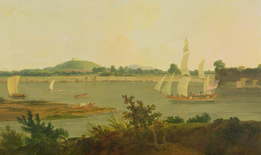 Thomas Daniell Painting - Pinnace Sailing Down the Ganges past Monghyr Fort by Thomas Daniell