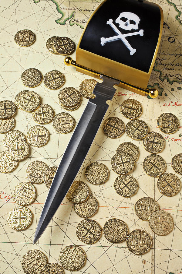 Map Photograph - Pirate sword and gold coins on old map by Garry Gay
