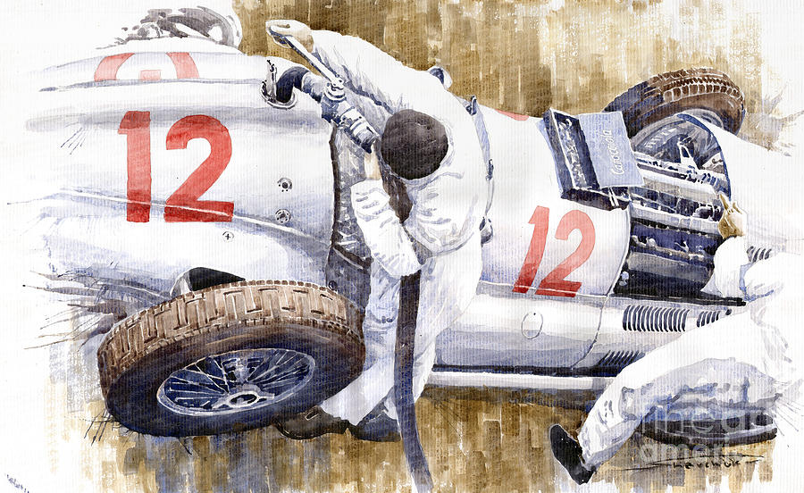 Car Painting - Pit Stop German GP 1939 Mercedes Benz W154 Rudolf Caracciola by Yuriy Shevchuk