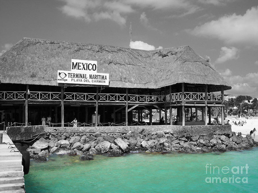 Playa del Carmen Mexico Maritime Terminal Color Splash Black and White Photograph by Shawn OBrien