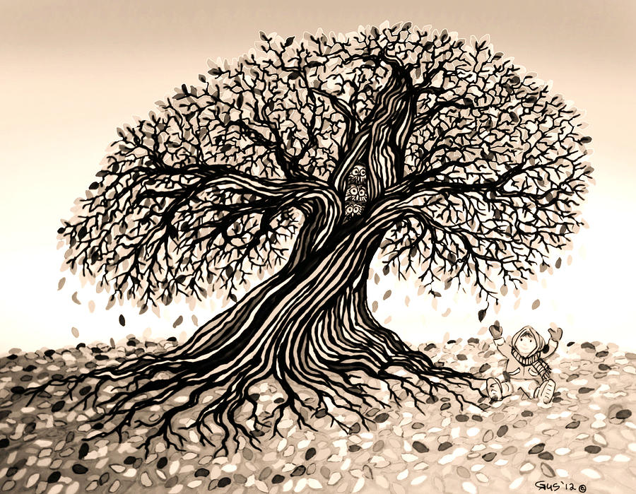 Tree Drawing - Playing in the falling leafs by Nick Gustafson