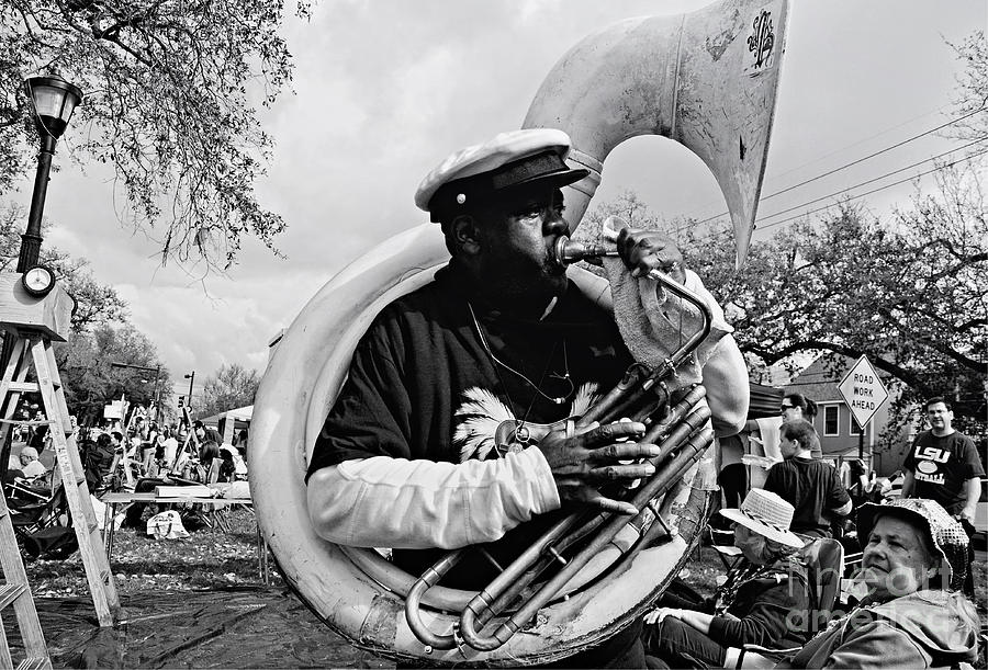 Music Photograph - Playing to the Crowd - bw by Kathleen K Parker