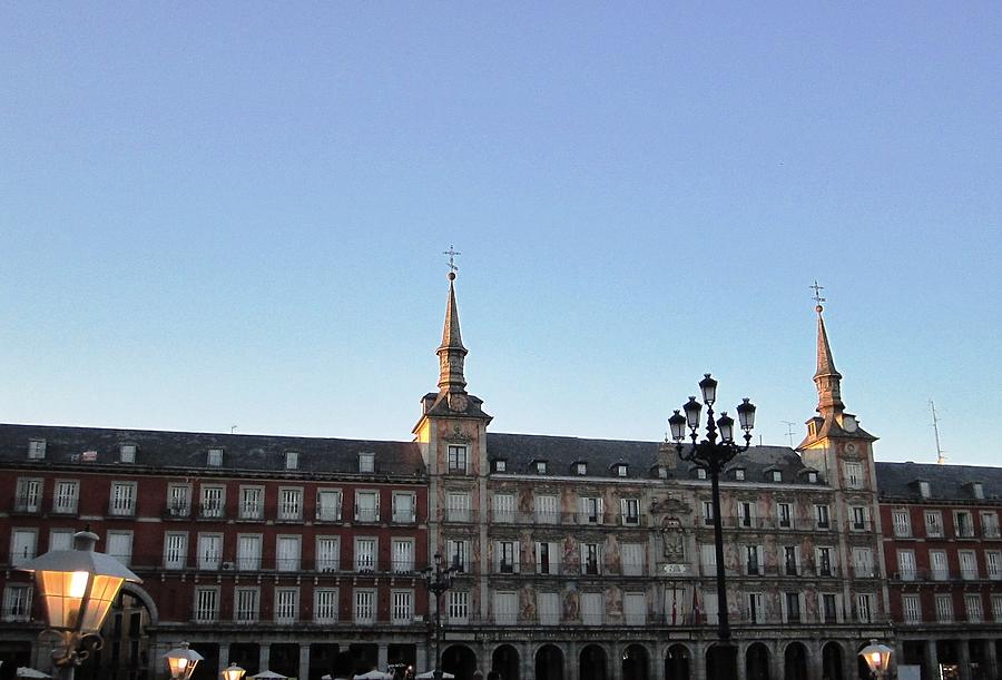Plaza Mayor and Lamp Post At Sundown in Madrid Spain Photograph by John Shiron