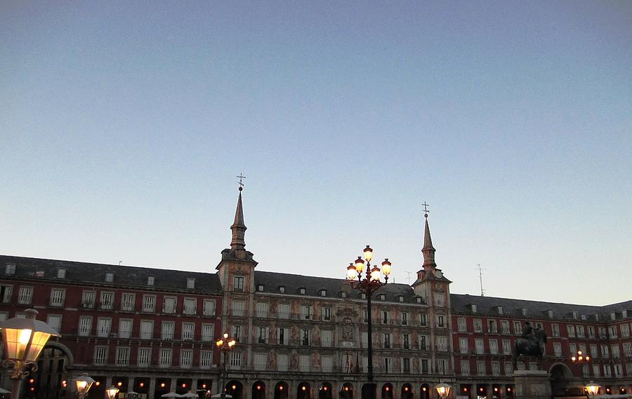 Plaza Mayor and Lamp Post At Sundown with Lights in Madrid Spain Photograph by John Shiron