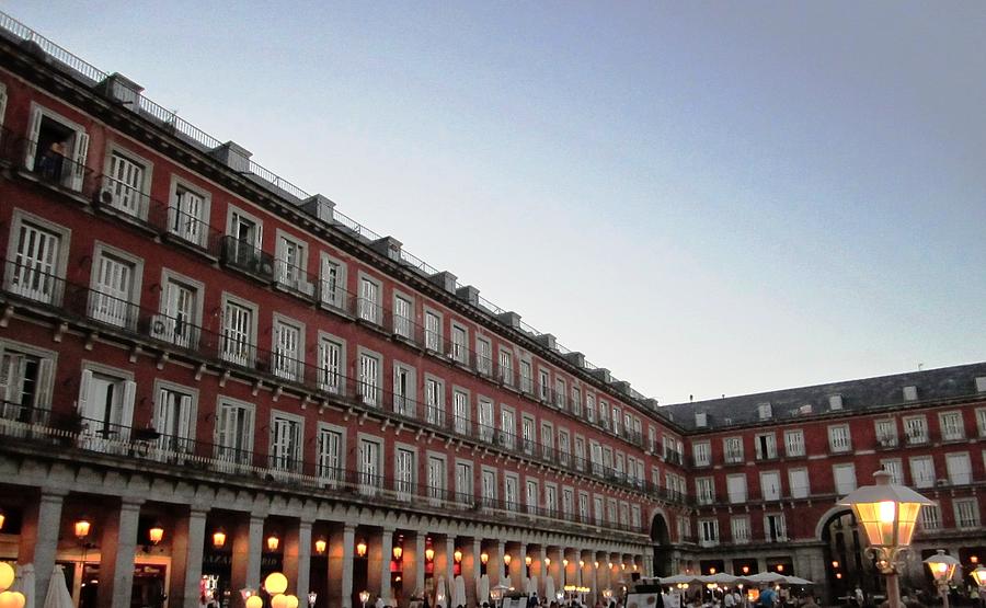 Plaza Mayor and Lamp Posts At Sundown with Lights in Madrid Spain Photograph by John Shiron