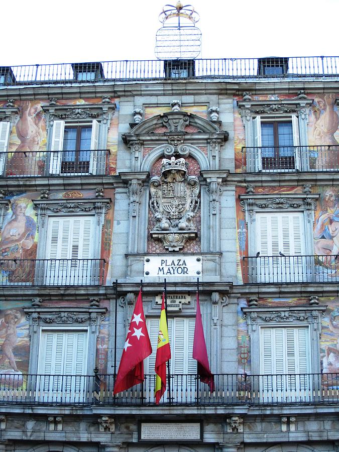 Plaza Mayor Interior Architecture Building With Spanish Flag in Madrid Spain Photograph by John Shiron