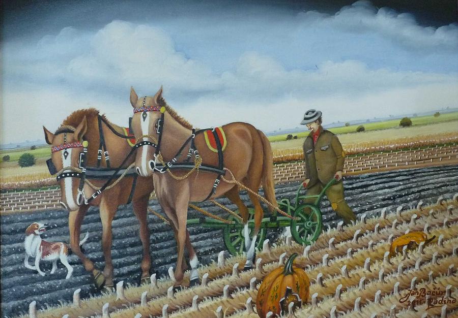 Naive Painting - Plowing by Jan Bacur