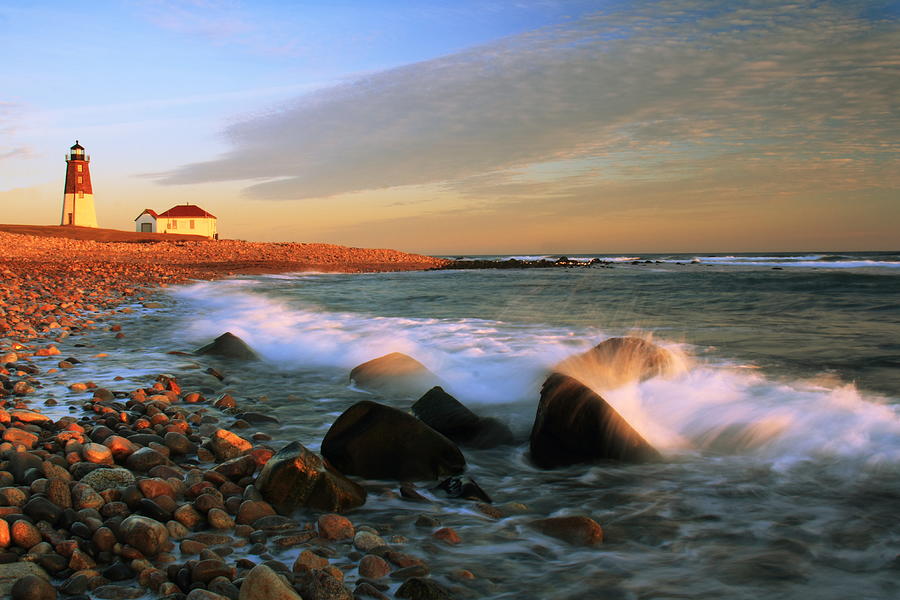 Point Judith Lighthouse Seascape. Evening sunset seascape Point Judith Lighthouse Beach Rhode Island Photograph by Roupen Baker