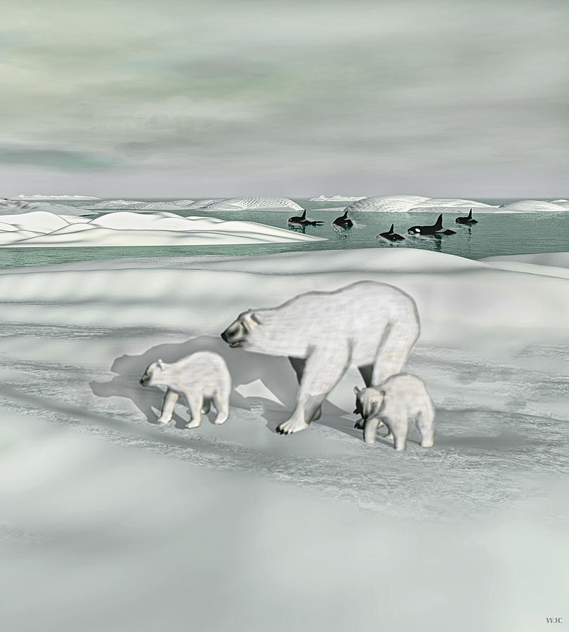 Polar Bear Mother with Cubs Digital Art by Walter Colvin