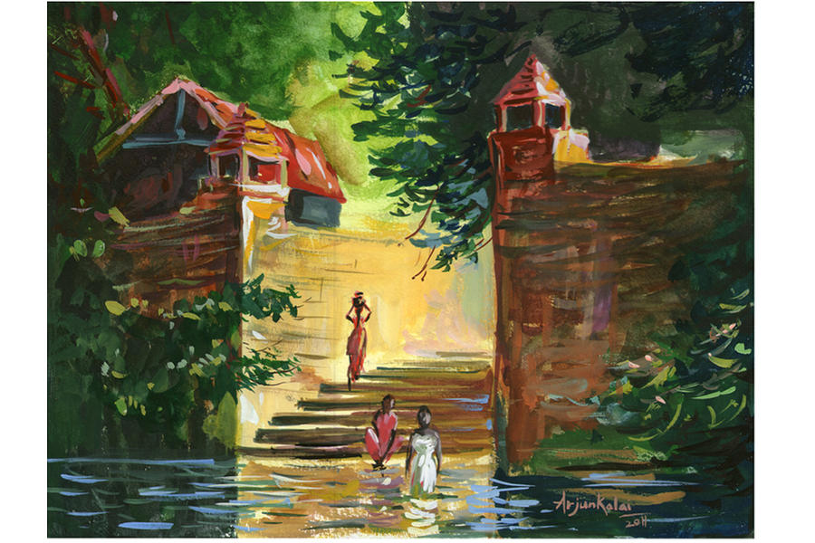 Landscape Painting - Pond by Arjunan Kalaiselvan