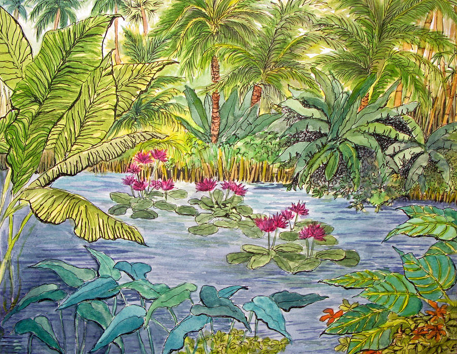 Jungle Painting - Pond in Luang Prabang Laos by Bonnie Sue Schwartz