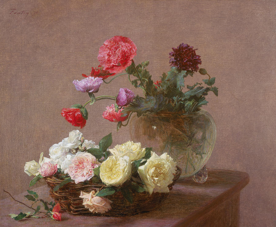 Poppies in a Crystal Vase - or Basket of Roses Painting by Henri Fantin-Latour