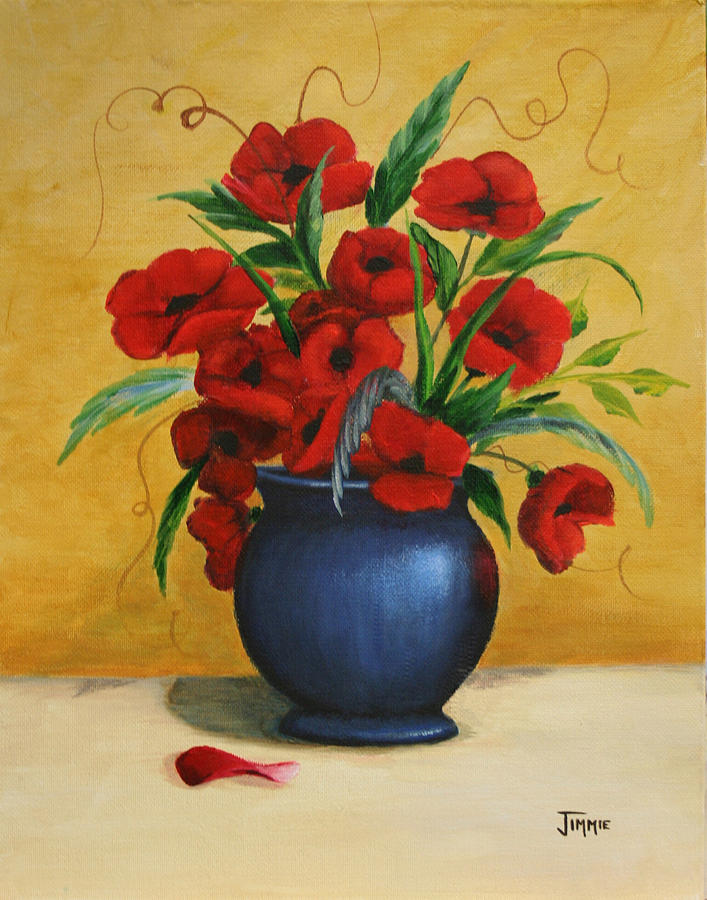 Poppies in Blue Vase Painting by Jimmie Bartlett