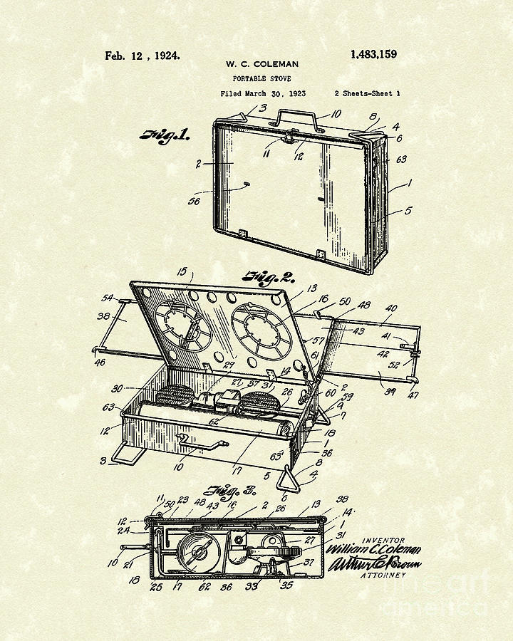 Coleman Drawing - Portable Stove 1924 Patent Art by Prior Art Design