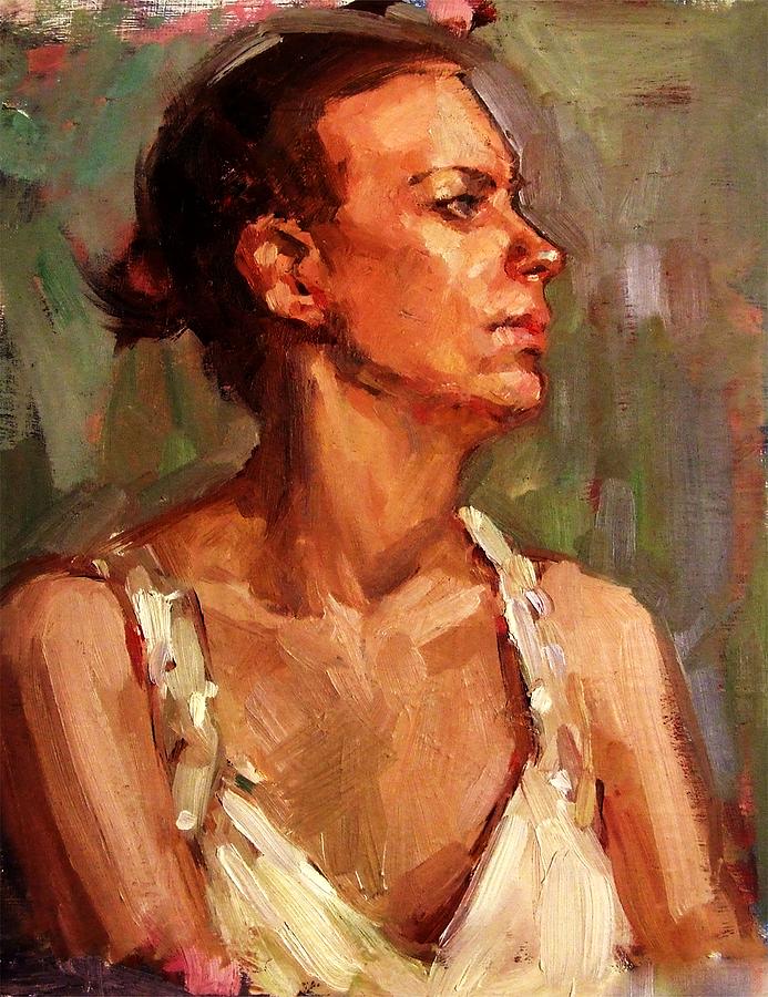 Portrait of a Stern and Distanced Hardworking Woman in Light Summer Dress with Deep Shadows Dramatic Painting by M Zimmerman MendyZ