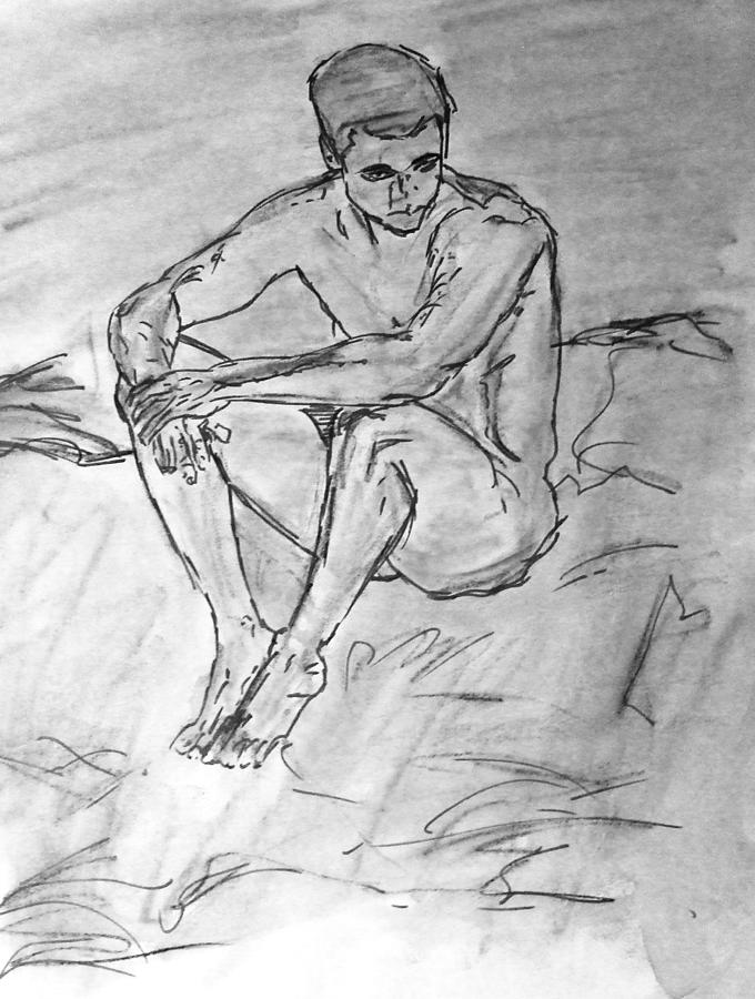 Portrait of Thinking Young Male Seated Figure Nude Watercolor Painting Monochrome Black White Sketch Painting by M Zimmerman
