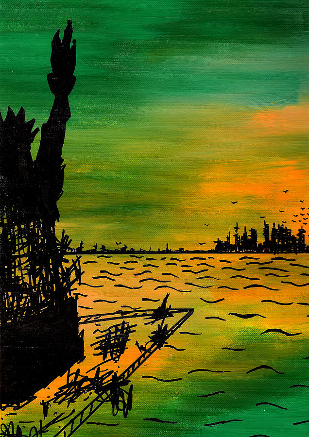 Sunset Painting - Post Apocalyptic New York Skyline by Jera Sky