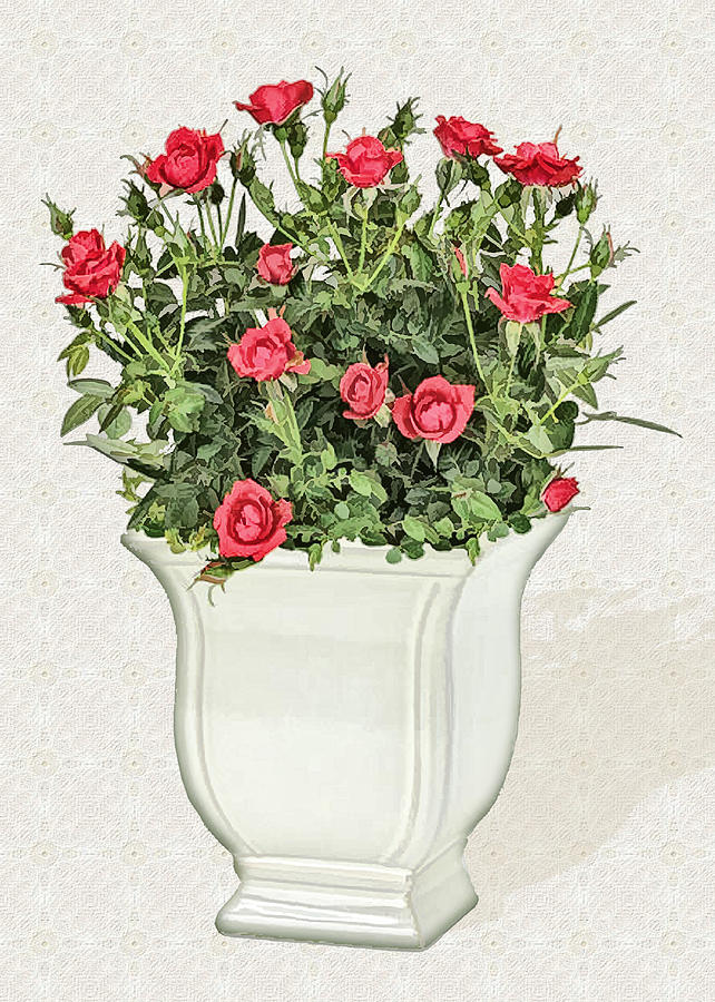 Garden Painting - Pot of Red Roses on Lace Background by Elaine Plesser