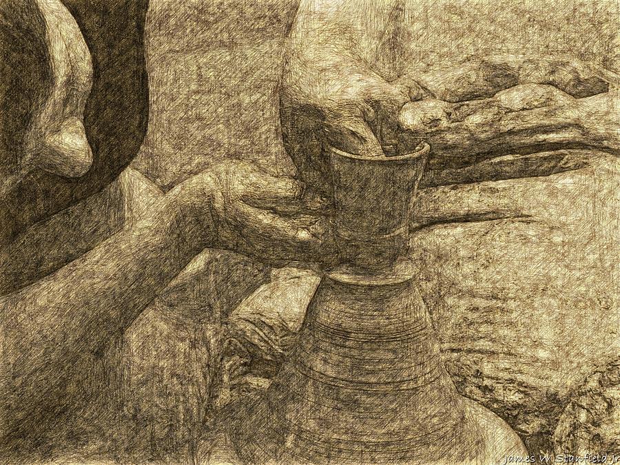 Vase Painting - Potter in pencil drawing style by James Stanfield