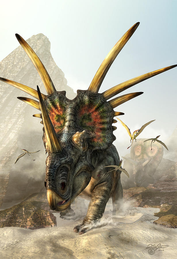 dinosaur with two horns and spikes