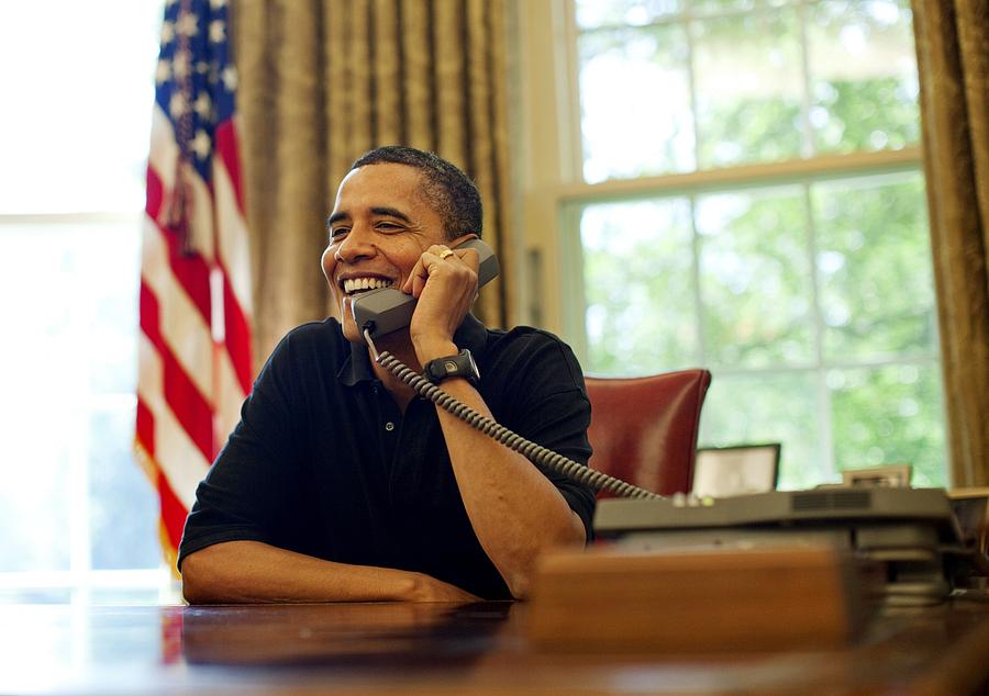 Politician Photograph - President Barack Obama Talks By Phone by Everett