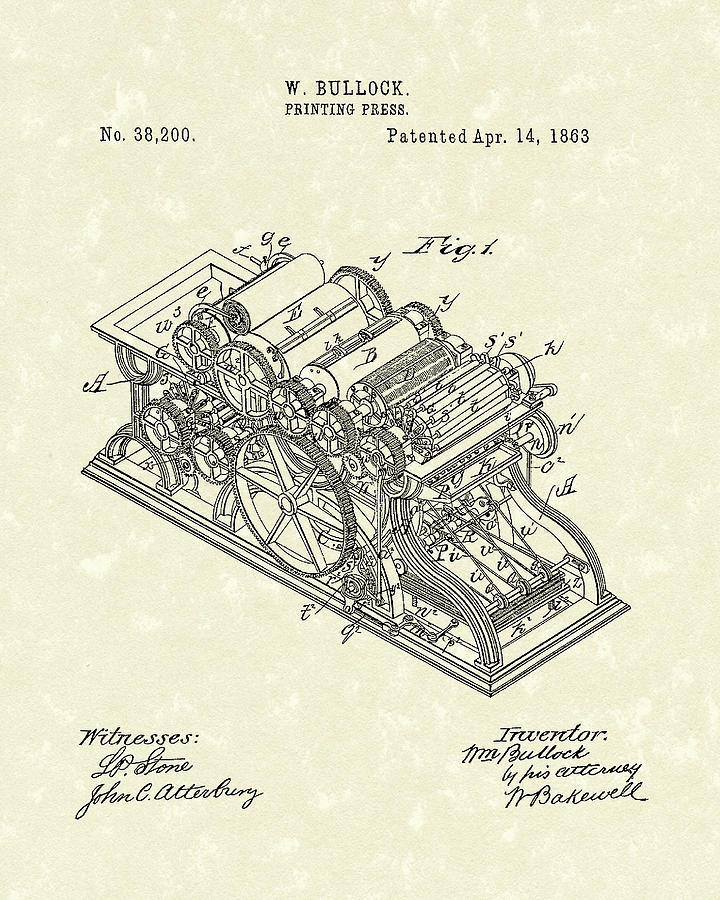 Printing Press 1863 Patent Art Drawing by Prior Art Design