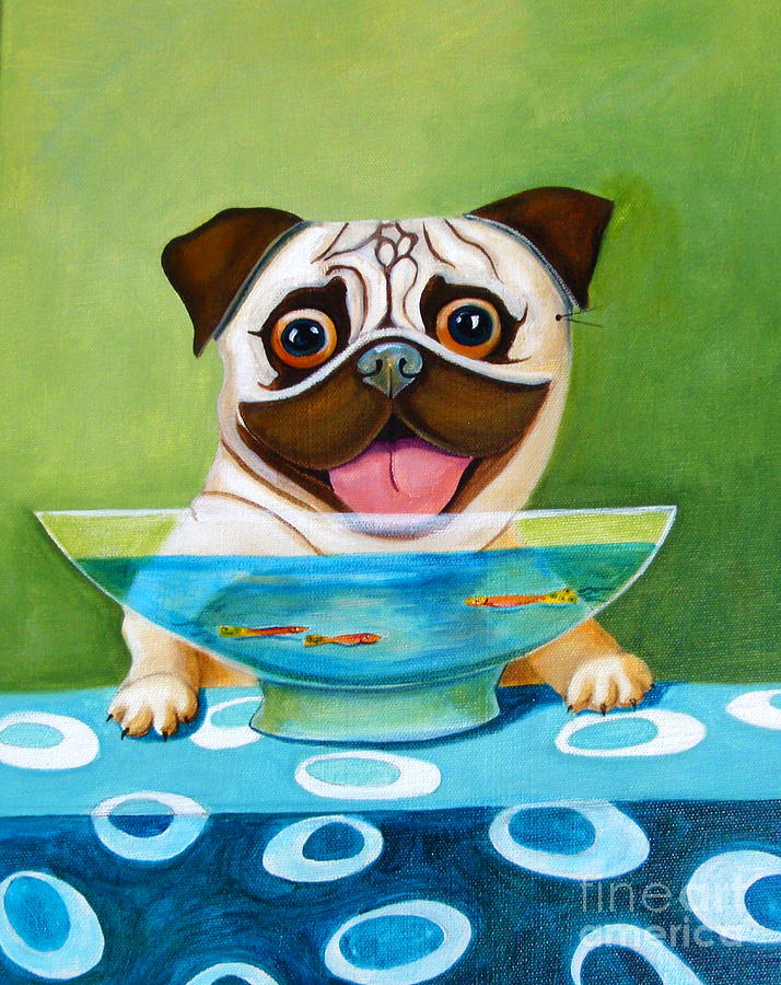 Pug with Fish Bowl Painting by Mary Naylor