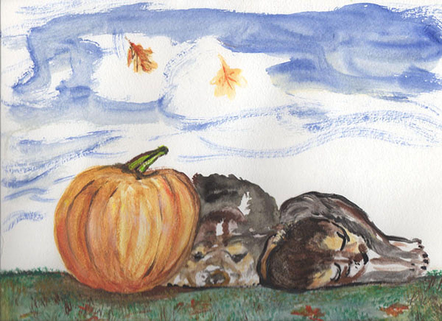 Pumpkin Painting - Pumpkin and Puppies by Pamela Wilson